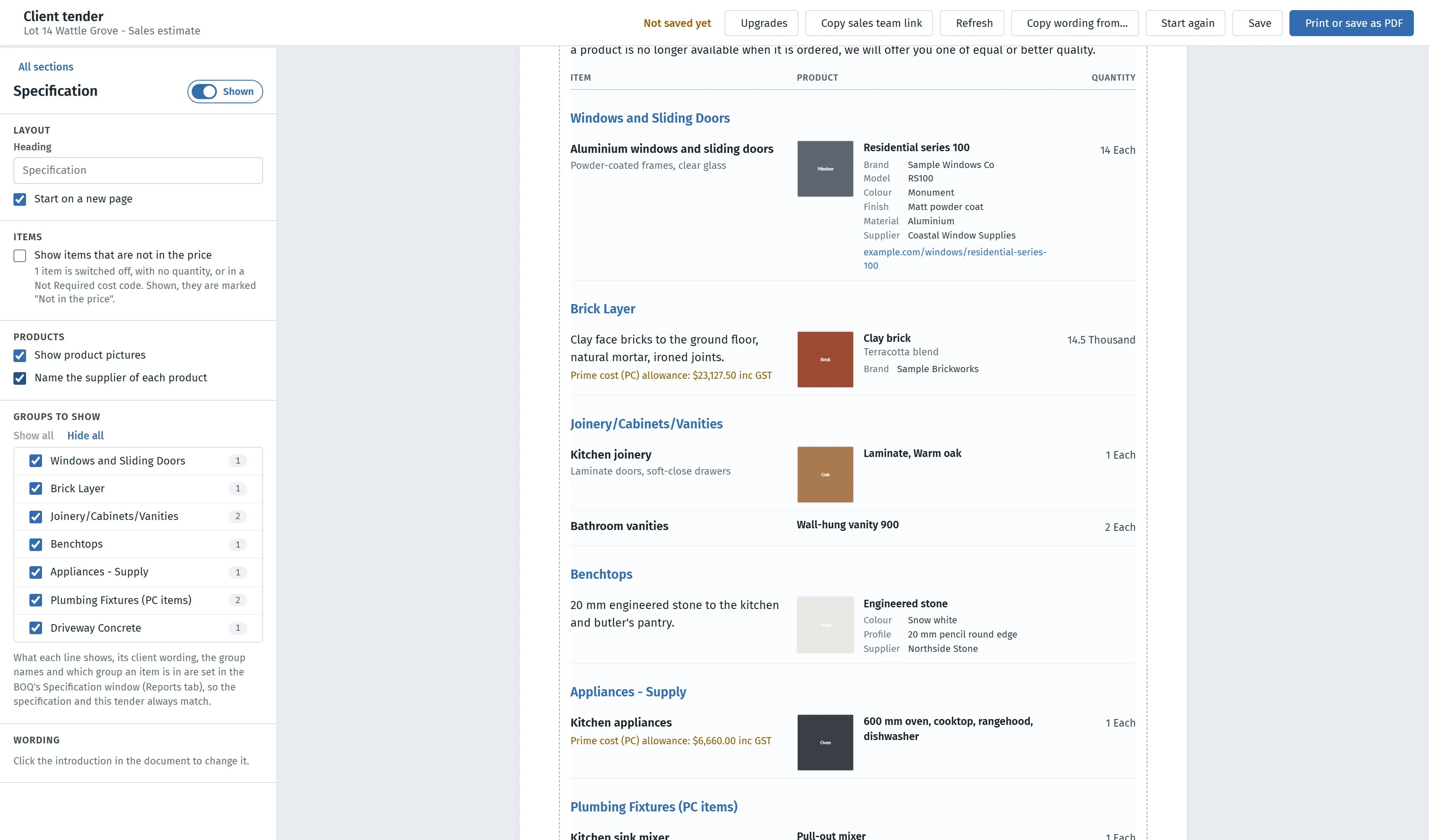 The specification section of the tender, with product details and suppliers