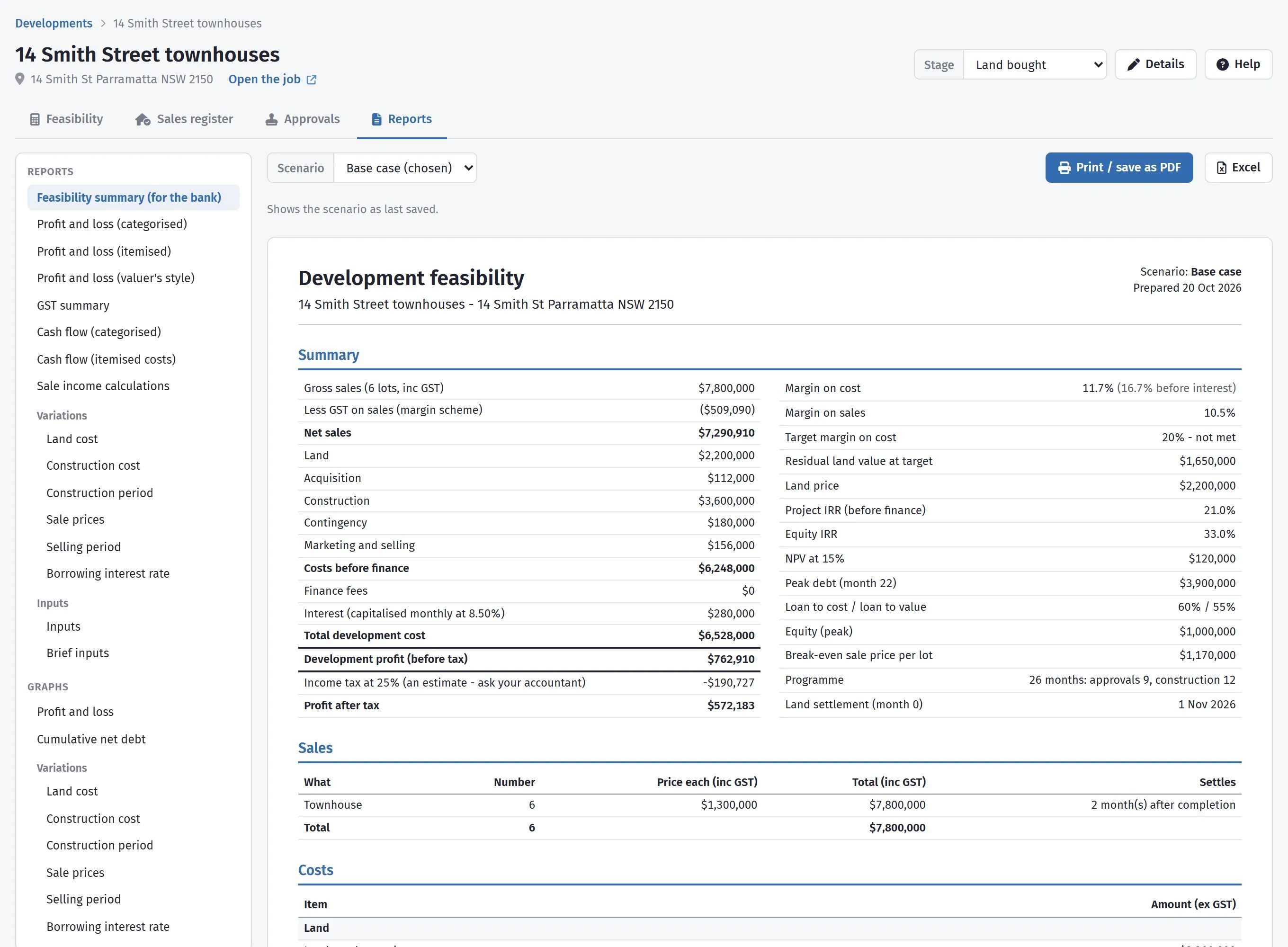 The Reports tab, with the menu of reports and graphs down the left