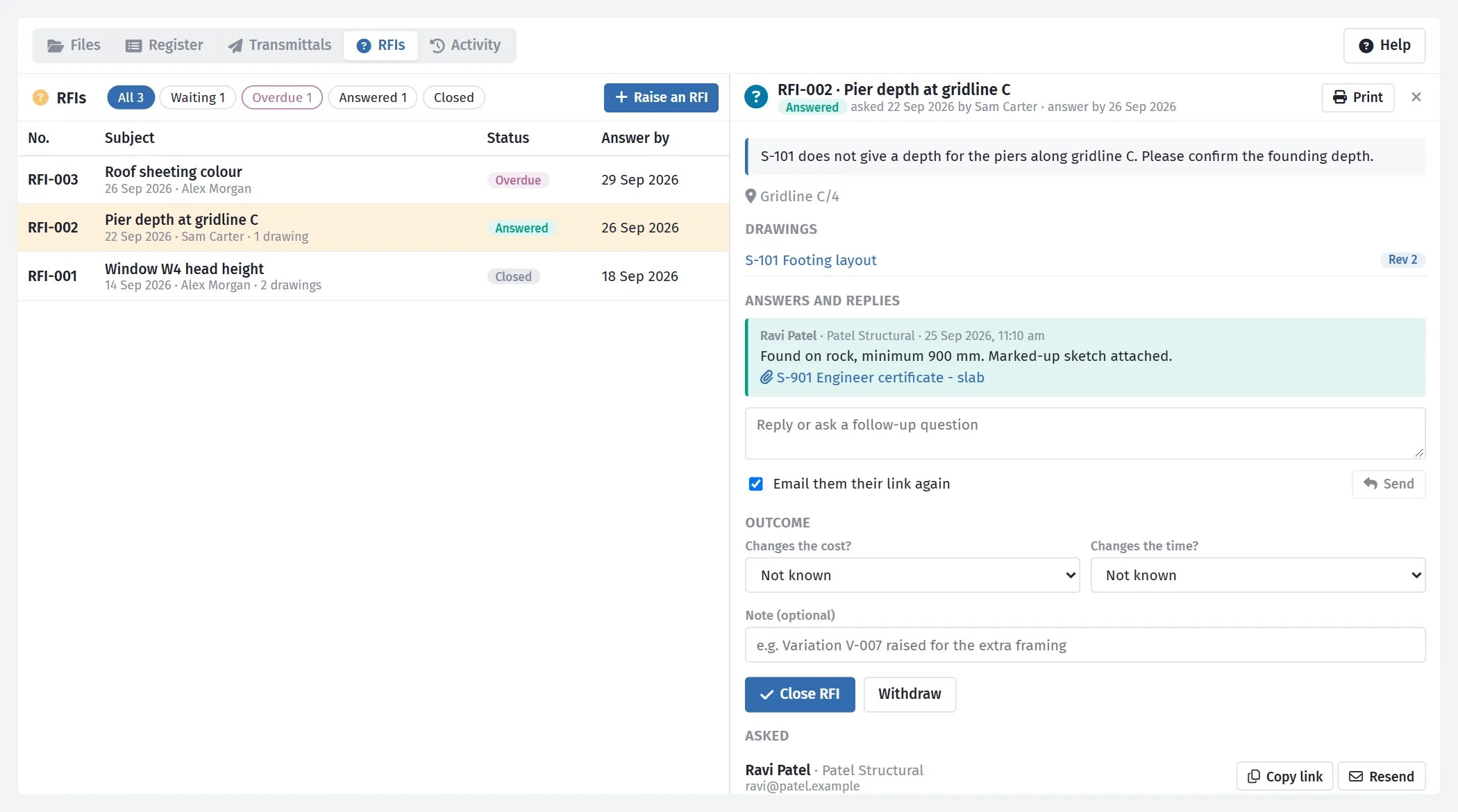 The RFIs view with an answered RFI open
