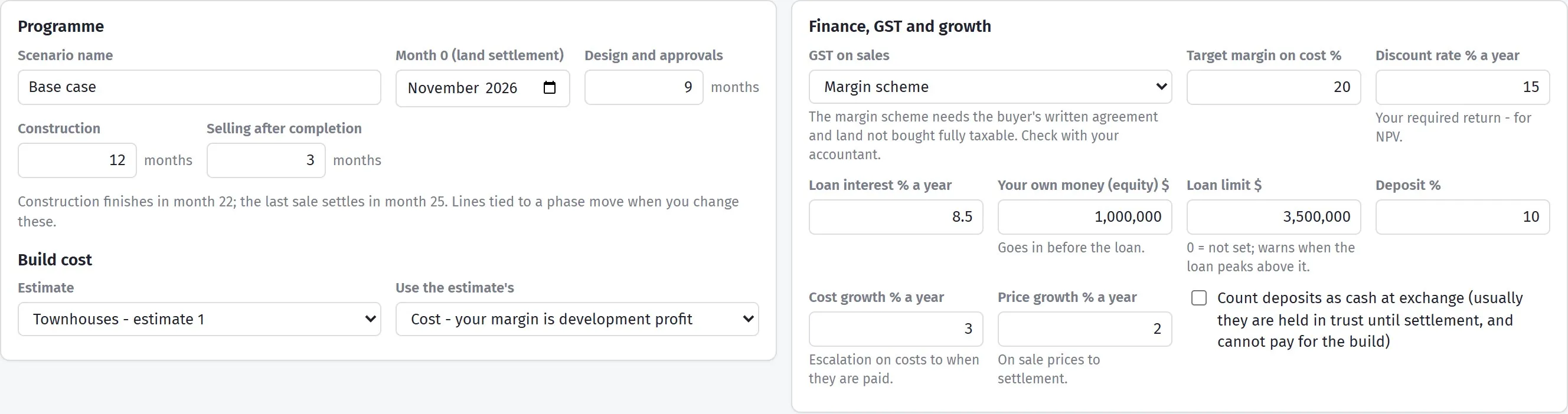 Programme, build cost, finance, GST and growth