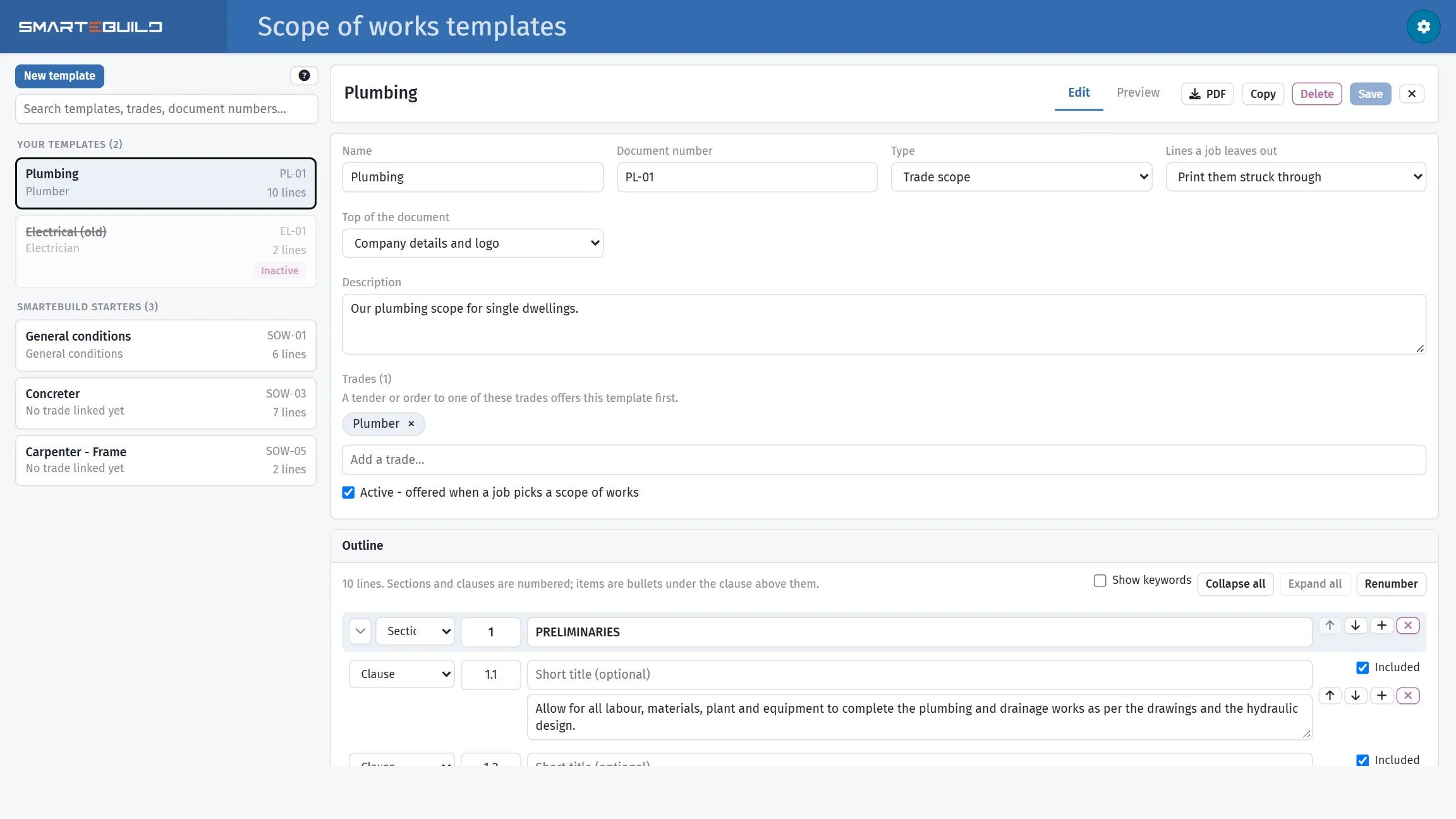The scope of works templates page, with a template open on its outline