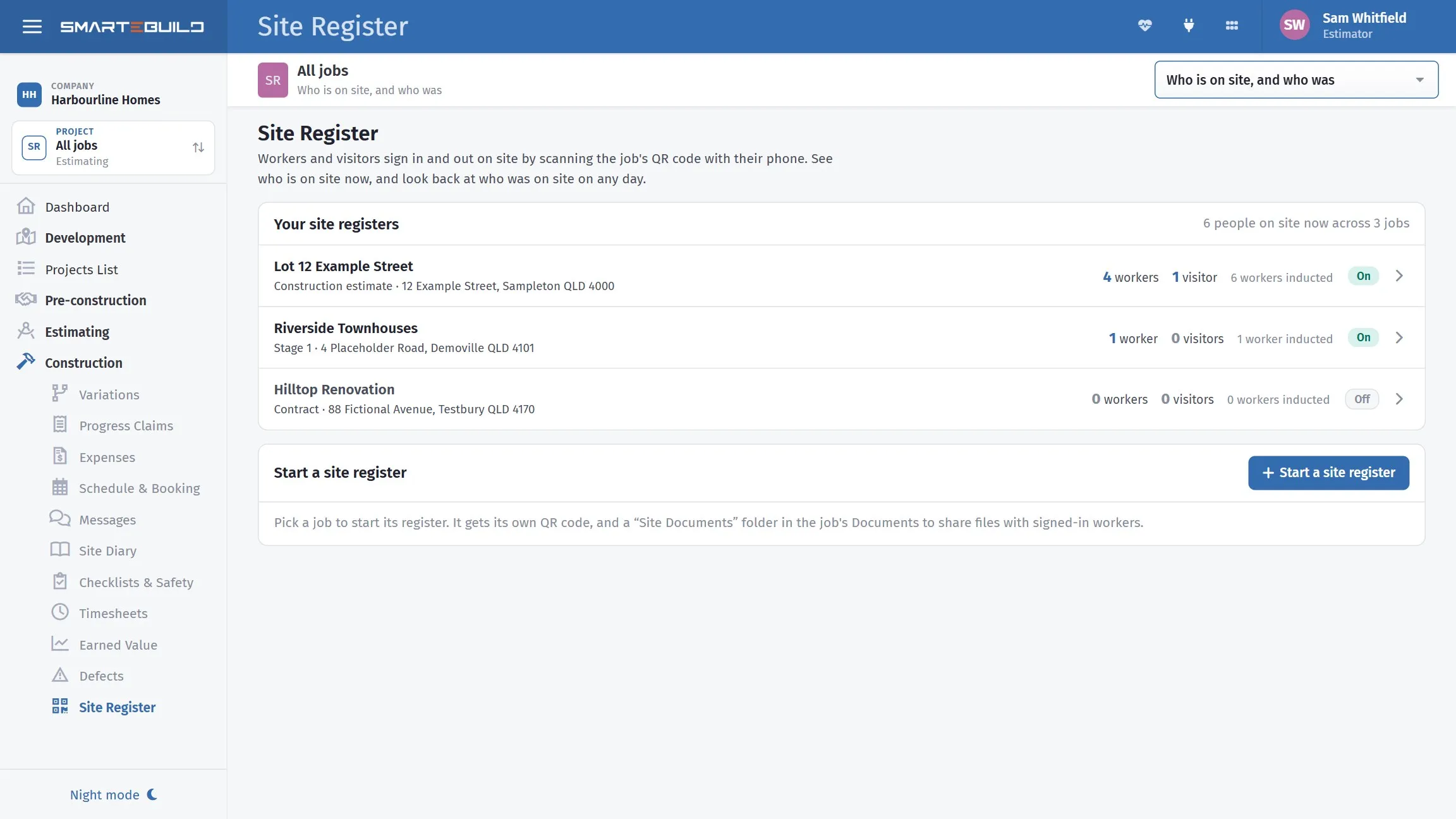 The Site Register, with every job’s register and how many people are on site