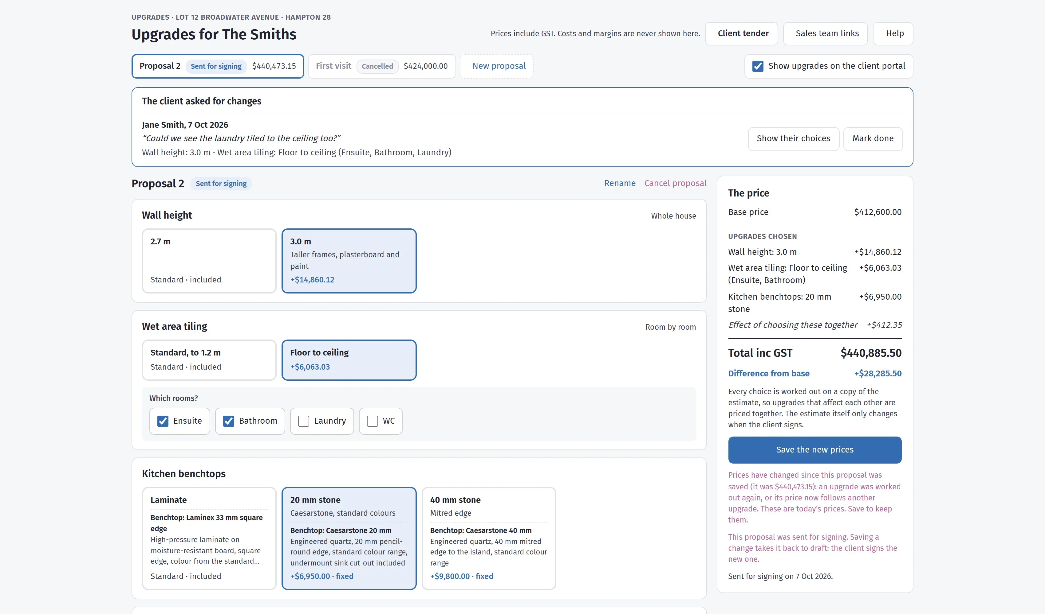 The sales page, with three groups chosen and the price building up on the right